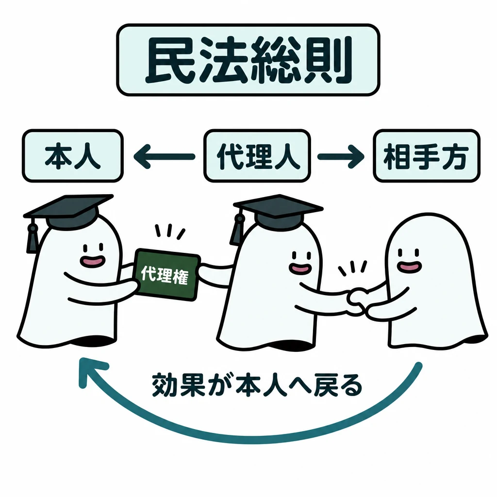 エルくんが説明する図解。本人←代理権→代理人→相手方、効果が本人へ戻る矢印。