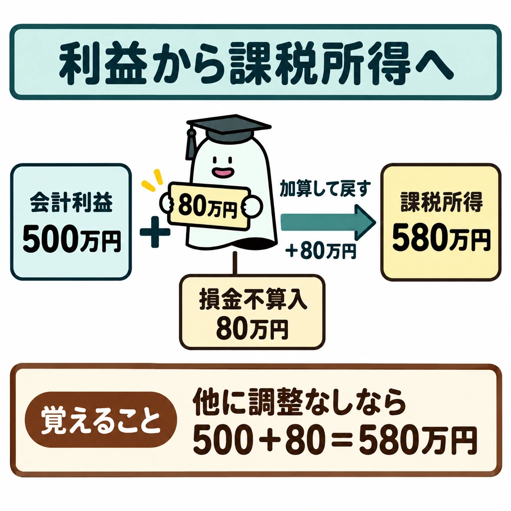 基本の仕組みの図解。左に「会計利益500万円」、中央に「損金不算入80万円」、右に「課税所得580万円」を配置し、左から右へ「+80万円」の矢印でつなぐ。80万円は会計で引いた費用を加算して戻すものとして描く。