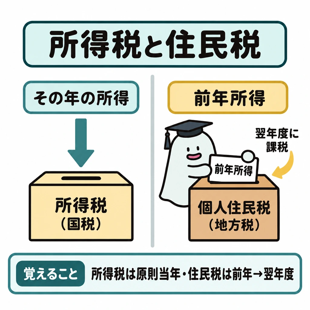 課税主体・時点・事業主控除の図解。中央の縦線で左右を分け、左は「その年の所得」から「所得税(国税)」へ、右は「前年所得」から「個人住民税(地方税)」へ矢印を引く。右の矢印には「翌年度に課税」を添え、課税の基になる所得の時点を対比する。