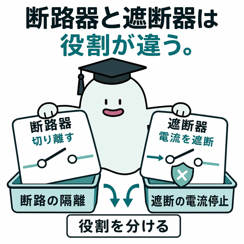 断路器と遮断器は役割が違う。左右に開いた接点。