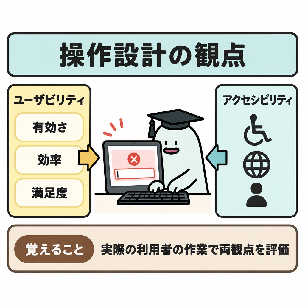 操作設計の観点の図解。中央に入力エラーを表示した画面とキーボードを置き、エルくんが修正中の一つの作業から、左右の評価欄へ矢印を伸ばす。左はユーザビリティの有効さ・効率・満足度、右はアクセシビリティとして障害や利用環境にかかわらず使えるかを示し、両欄を仕切る。