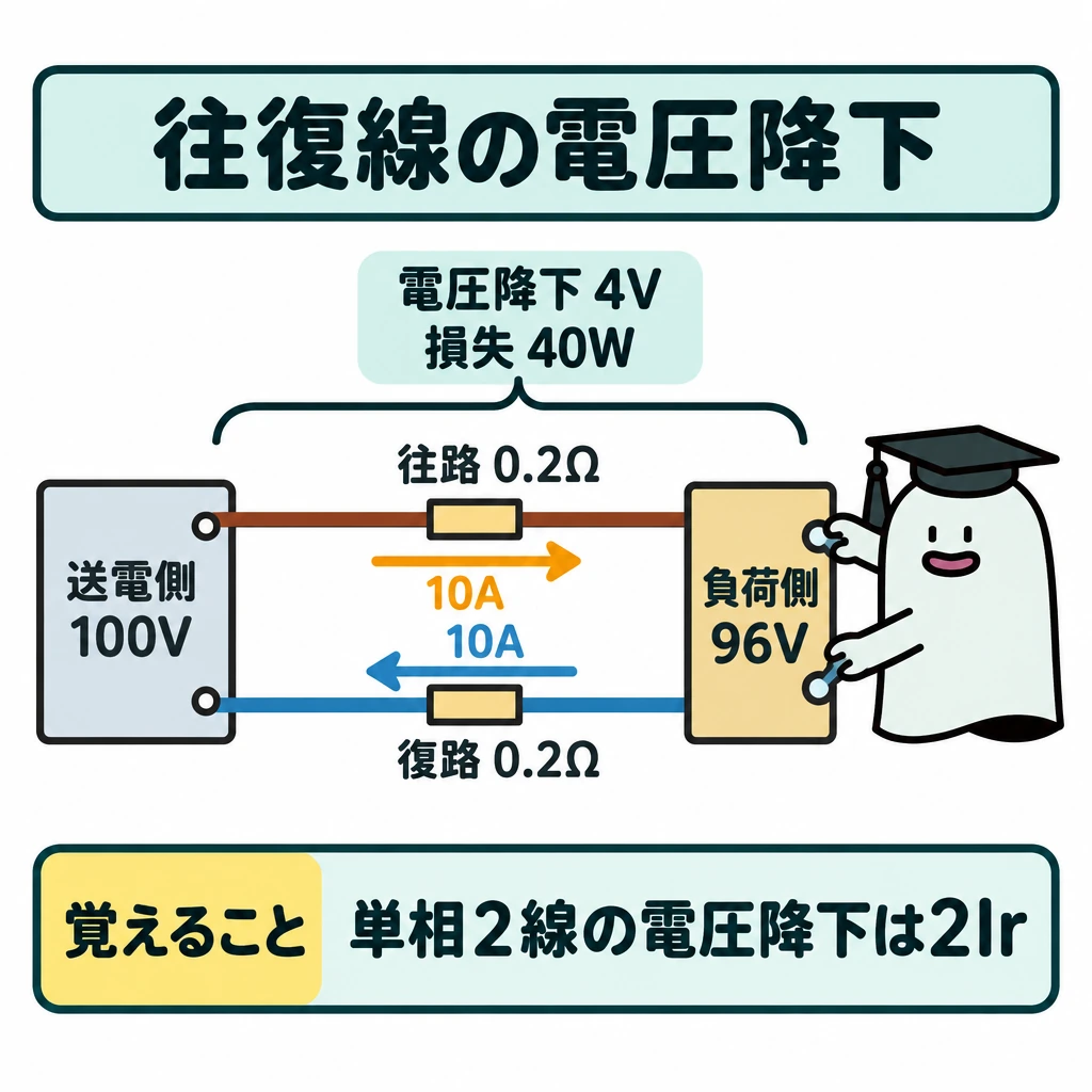 電線抵抗・損失・負荷電圧の図解。左に送電側100V、右に負荷側96Vを置き、上下2本の電線でつなぐ。上の往路は右向き、下の復路は左向きに10Aの矢印を描き、各線に0.2Ω、2本をまたぐ括弧に「電圧降下4V」「損失40W」を示す。