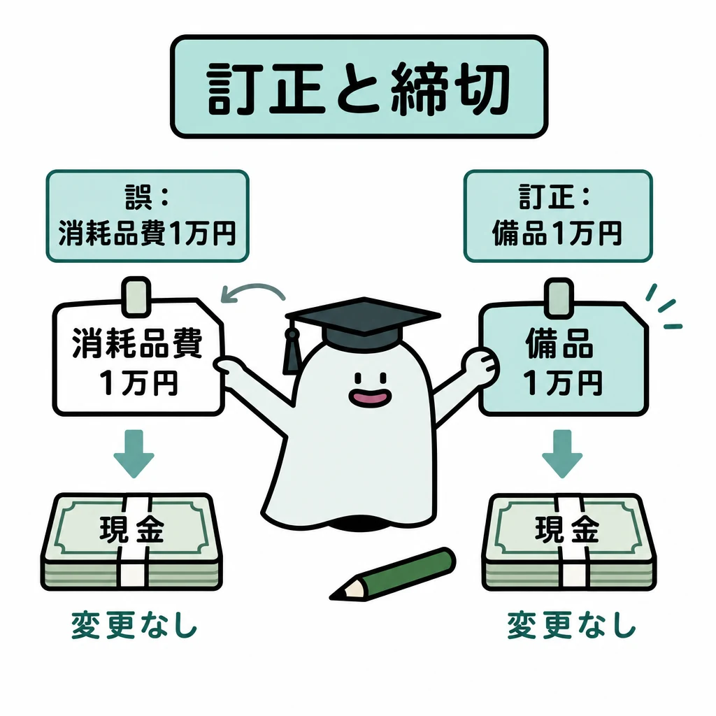 エルくんが説明する図解。誤:消耗品費1万円→訂正:備品1万円、現金は変更なしの図。