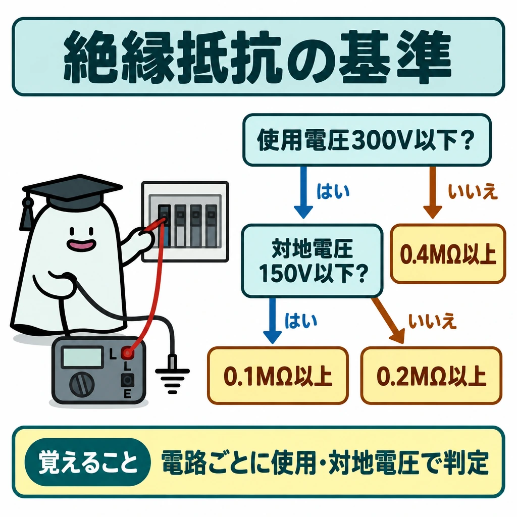 0.1・0.2・0.4MΩの条件の図解。中央上の「使用電圧300V以下?」から二股に分け、いいえ→右の0.4MΩ以上、はい→中央下の「対地電圧150V以下?」へ矢印を引く。二つ目の問いは、はい→左下の0.1MΩ以上、いいえ→中央下の0.2MΩ以上へ分け、各値は開閉器や過電流遮断器で区切れる電路ごとの判定基準として示す。