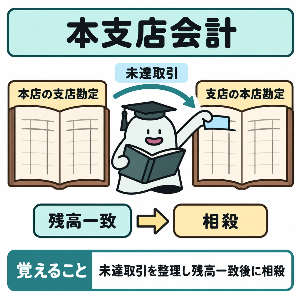 本支店会計の図解。図を左右に分け、左に本店の支店勘定、右に支店の本店勘定を置く。一方だけが記帳した未達取引を未記帳側へ移す矢印を描き、下部で「残高一致」から「相殺」へ順に矢印でつなぐ。