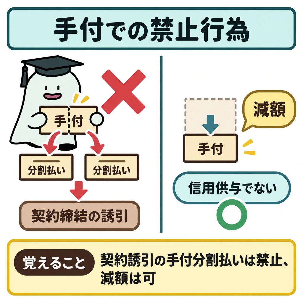 勧誘時の禁止行為の図解。中央の縦線で左右を分け、左は手付を分割払いにして契約締結を誘引する流れを赤い禁止印で止める。右は手付の額だけを小さくする図を置き、減額自体は信用の供与に当たらないと対比する。