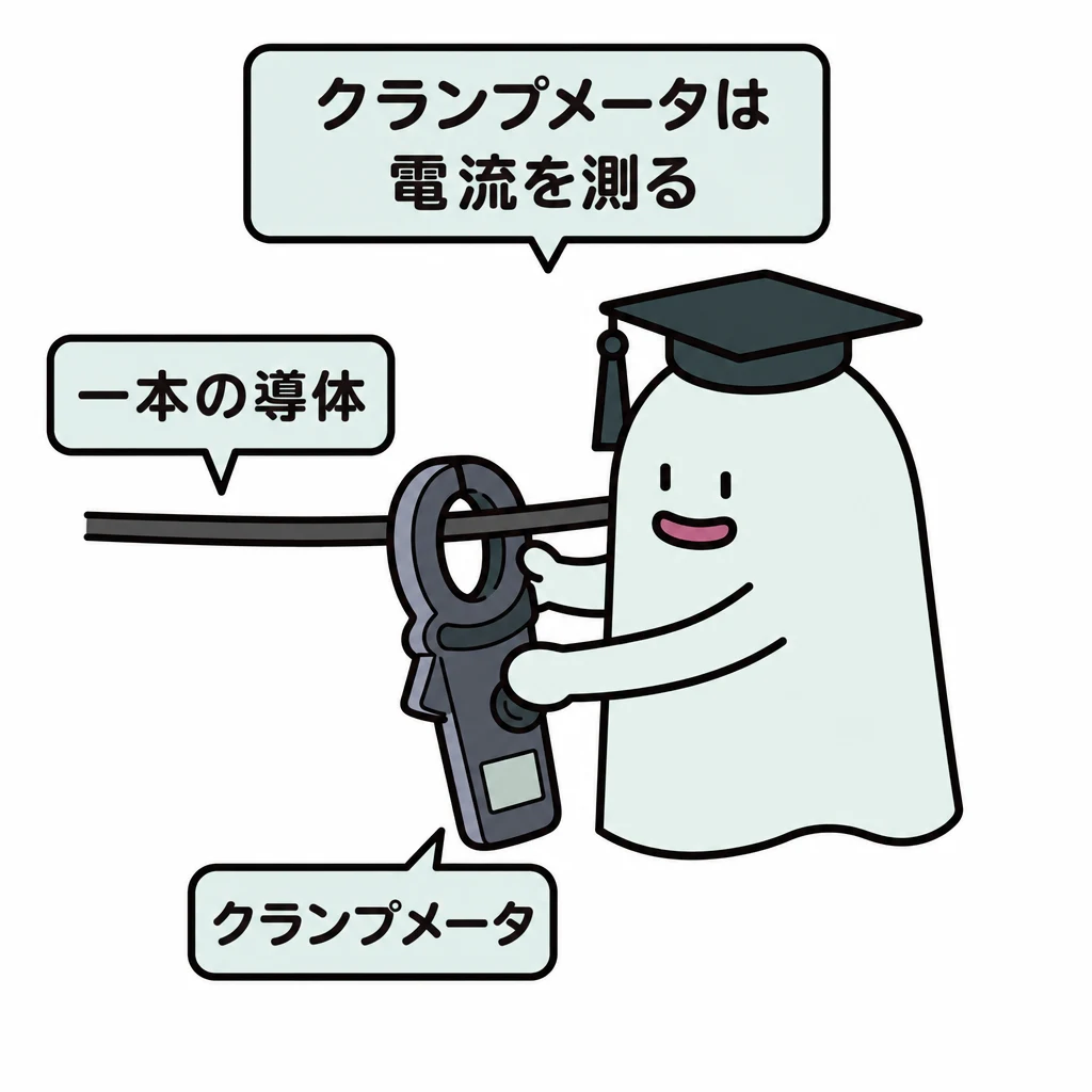 エルくんがクランプメータを持ち、一本の導体を環で囲んで電流の測定対象を示す図。