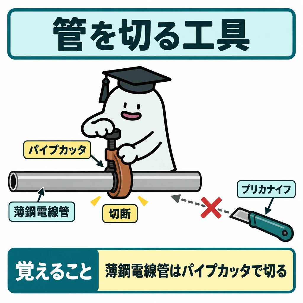 作業から工具を選ぶの図解。中央に薄鋼電線管を横置きし、管にかけたパイプカッタに○を添える。右下のプリカナイフから同じ管へ向かう破線矢印には×を重ね、工具の正誤を示す。