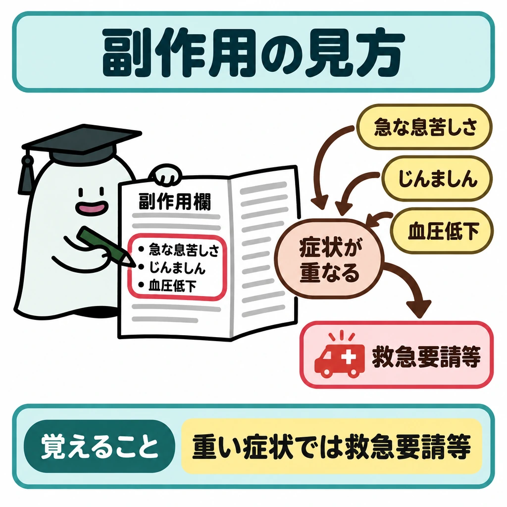 基本の仕組みの図解。正方形の中央に添付文書の副作用欄を大きく置き、「急な息苦しさ」「じんましん」「血圧低下」の3つを矢印で「症状が重なる」に集める。そこから右下へ矢印を伸ばし、「重い症状なら救急要請等」と示す。