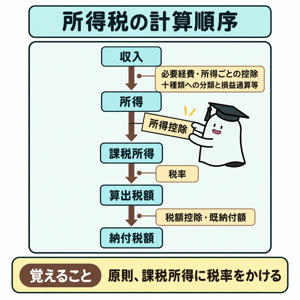 所得税の計算順序の図解。正方形の中央に「収入→所得→課税所得→算出税額→納付税額」を上から下へ一本の矢印で並べる。矢印脇に順に「必要経費・所得ごとの控除」「所得控除」「税率」「税額控除・既納付額」を置き、収入から所得への段階では十種類への分類と損益通算等も行うことを示す。