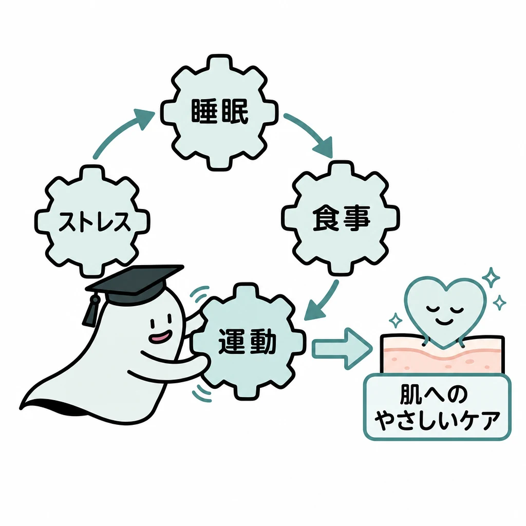 エルくんが説明する図解。睡眠/食事/運動/ストレスの輪、肌へはやさしいケアの矢印。