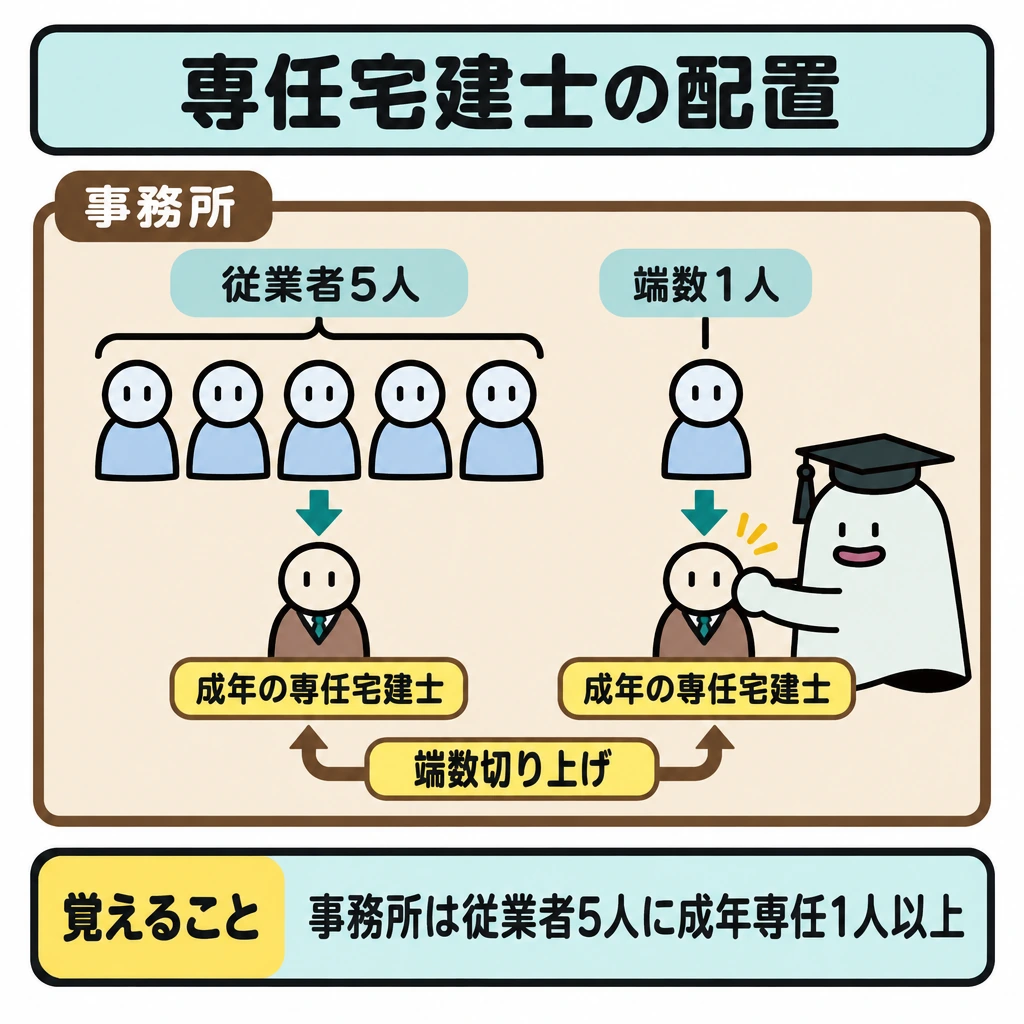 専任の宅建士の配置の図解。事務所の枠内で、従業者の駒を左から5人と端数1人に区切り、各まとまりから矢印で専任宅建士の駒1人へつなぐ。下に「端数切り上げ」と示し、6人なら2人以上必要になる数え方を描く。