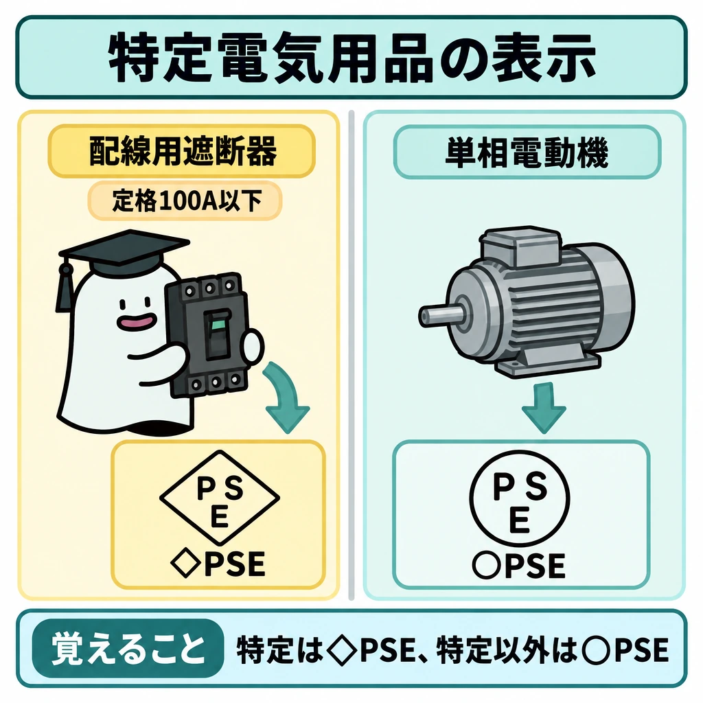特定電気用品と表示の図解。画面を縦に二分し、左に「配線用遮断器」「定格100A以下」の例から◇PSEへ向かう矢印、右に「単相電動機」の例から○PSEへ向かう矢印を置く。