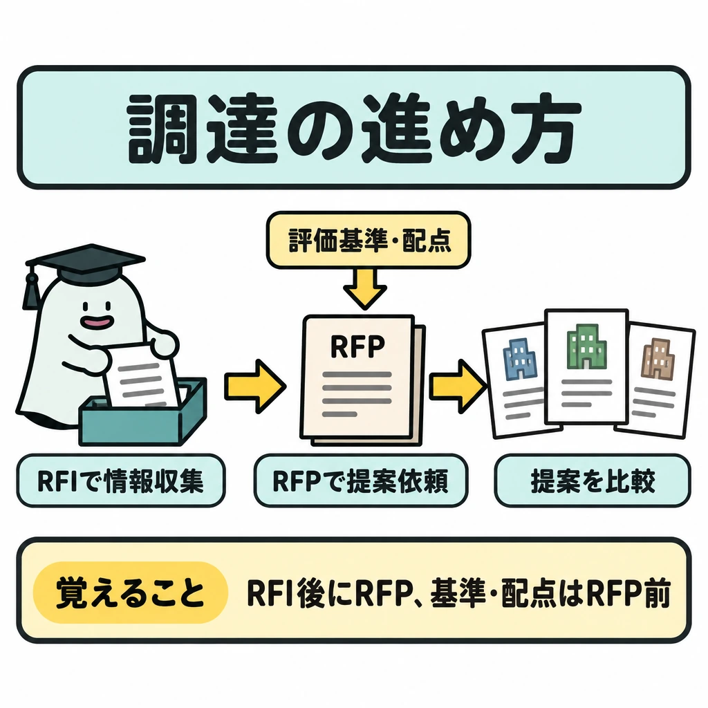 業務とシステムの企画の図解。左から「RFIで情報収集」→「RFPで提案依頼」→「提案を比較」を一本の矢印でつなぐ。RFPの上に「評価基準・配点」を置き、RFPを出す前に決めることを下向き矢印で示す。