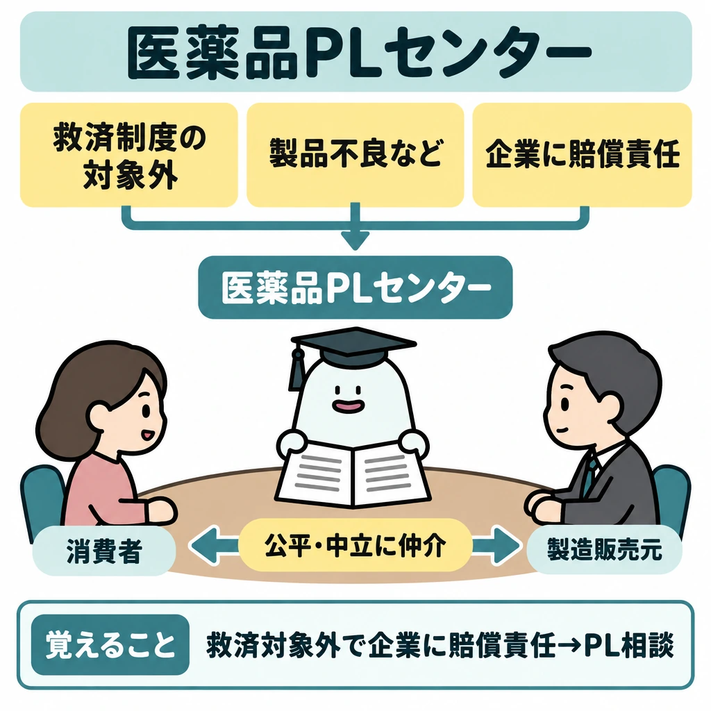 医薬品PLセンターの図解。上部に「救済制度の対象外」「製品不良など」「企業に賠償責任」の3条件をまとめ、条件がそろう場合だけ中央の医薬品PLセンターへ矢印を向ける。下部では消費者を左、製造販売元を右に置き、中央のエルくんが両者の交渉を仲介する。
