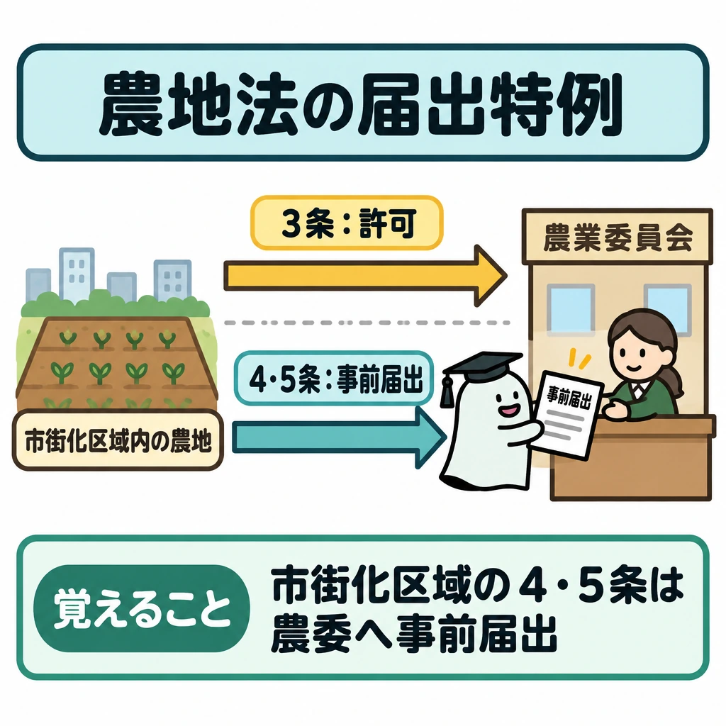 建ぺい率の緩和・開発許可・農地法の図解。中央に「市街化区域内の農地」を置き、右の農業委員会へ向かう矢印を上下に分ける。上は農地のまま権利を移す3条の「許可」、下は転用に関わる4・5条の「事前届出」とし、2本の間を線で仕切る。
