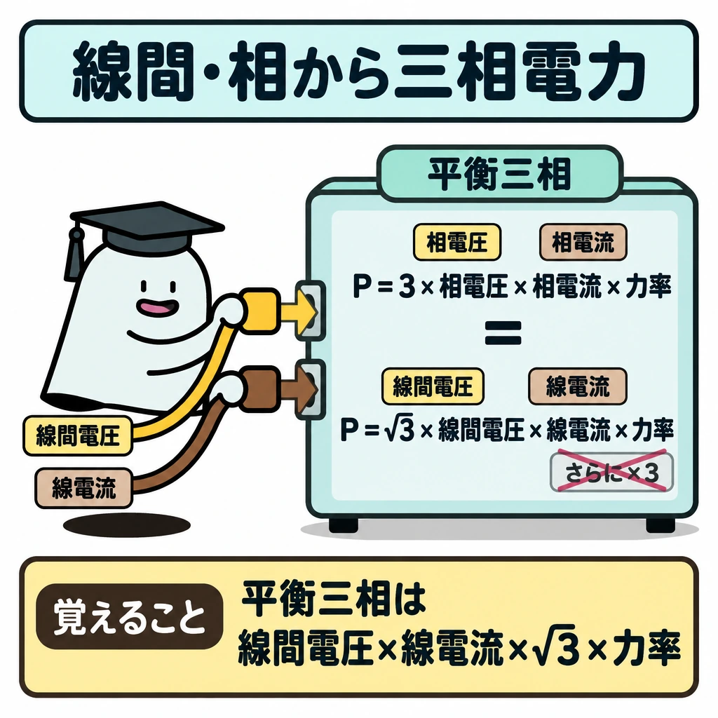 線間・相の値から三相電力への図解。正方形の中央に、上段「P=3×相電圧×相電流×力率」、下段「P=√3×線間電圧×線電流×力率」を等号で結ぶ計算盤を置き、上に「平衡三相」と明示する。下段の線間電圧・線電流の入力口から式へ矢印を向け、式の後に「さらに×3」を足さないことを小さな打ち消し線で示す。