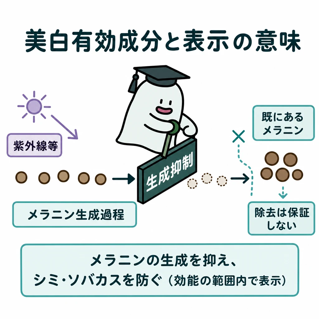 エルくんが説明する図解。紫外線等→メラニン生成過程→生成抑制という作用点、除去保証はしない。