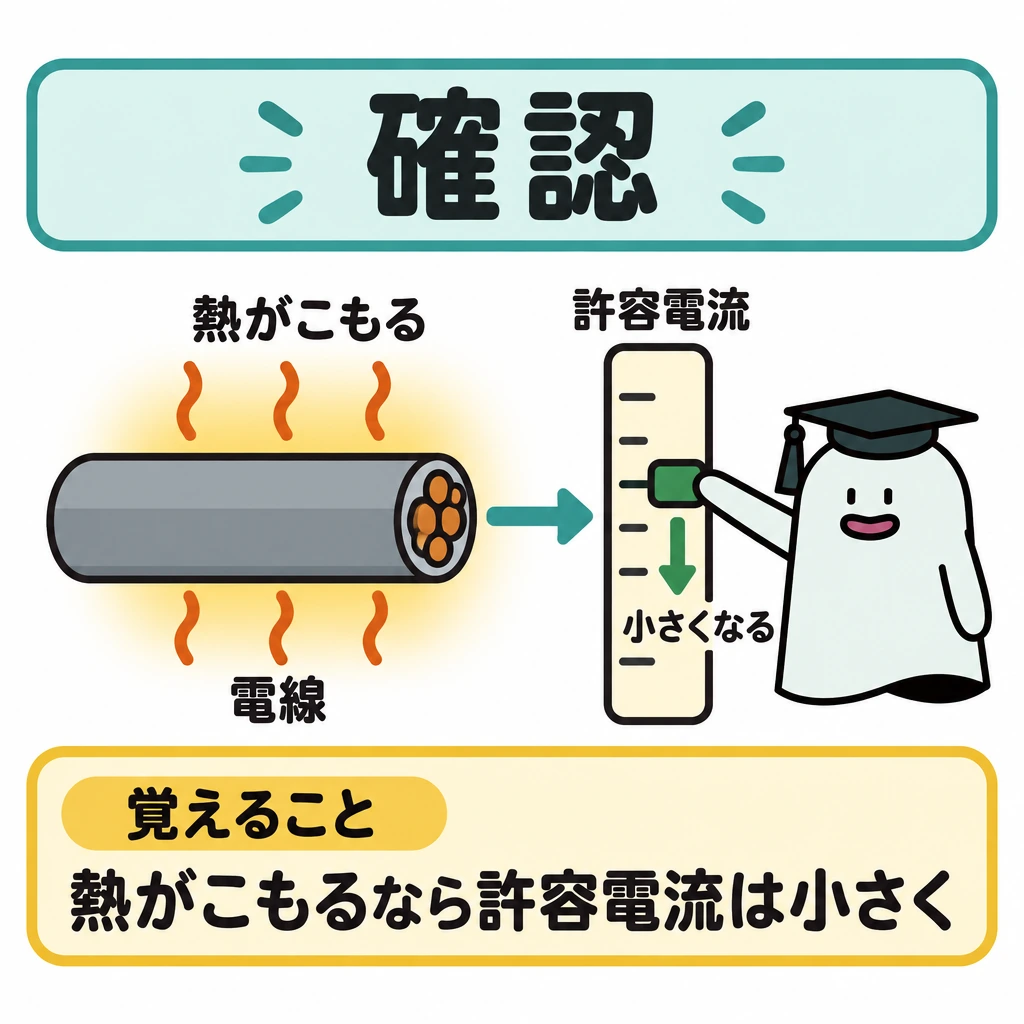 確認の図解。中央の電線の周囲に、こもった熱を波線で描く。右側に許容電流の縦目盛りを置き、電線から目盛りへ矢印をつなぎ、目盛り上の下向き矢印で小さくなる方向を示す。