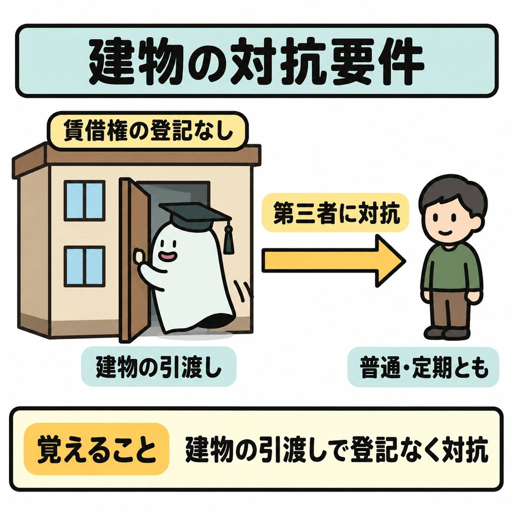対抗要件と賃貸人の地位の図解。左に建物の入口、右に第三者を置き、入口から第三者へ向かう矢印に「第三者に対抗」と記す。建物の上に「賃借権の登記なし」を添え、引渡しを受ければ登記がなくても対抗できる関係を示す。