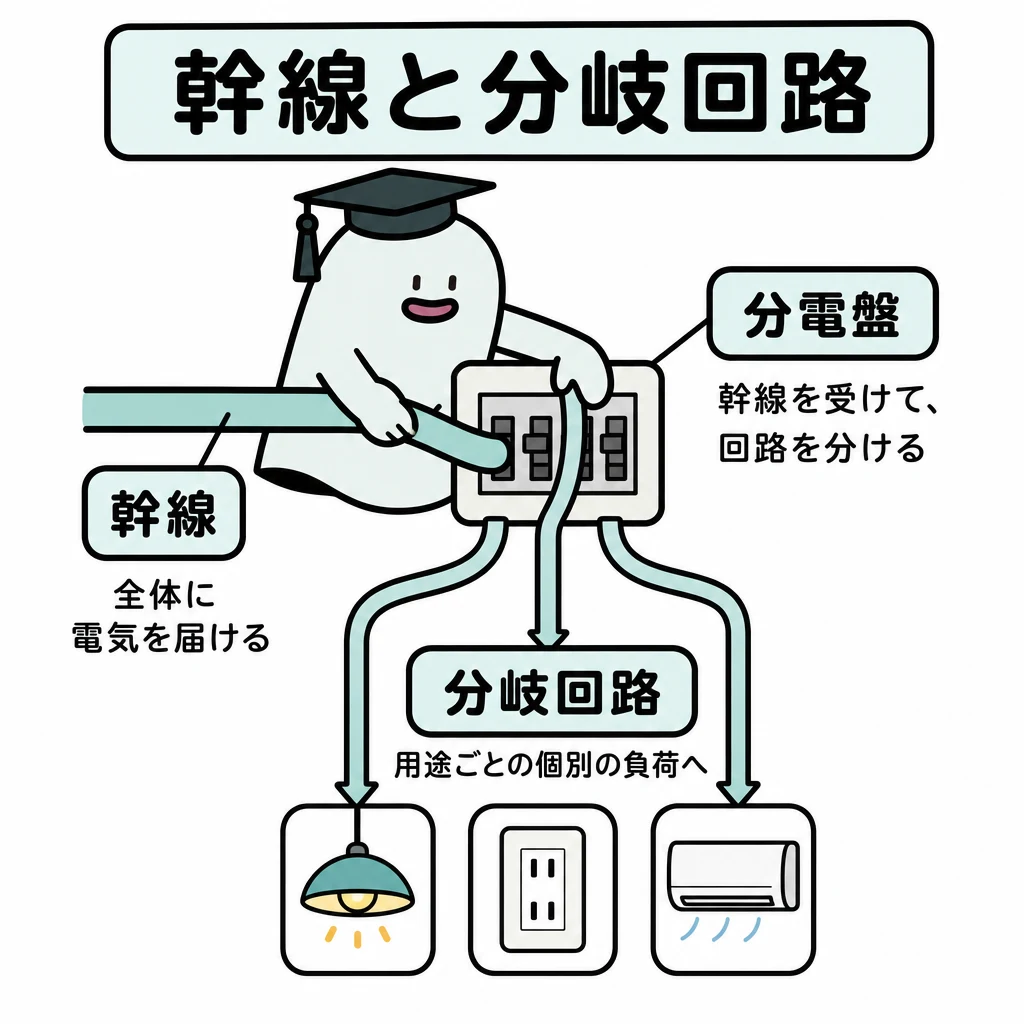 幹線と分岐回路。太い幹線一本が分電盤へ入り、そこから細い三本の分岐回路へ分かれる樹形図。
