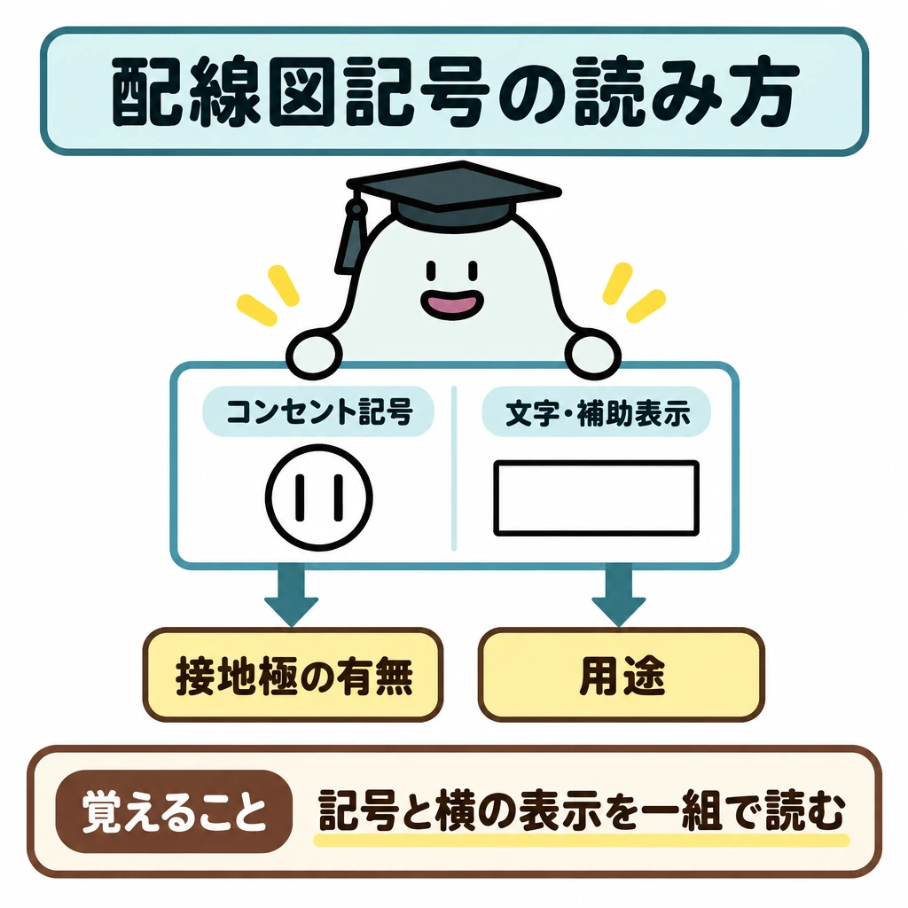 基本の仕組みの図解。中央の図面にコンセント記号を左、文字・補助表示をすぐ右に置き、両方を一つの枠で囲む。枠から下へ矢印を引き、「接地極の有無」「用途」につなぐ。