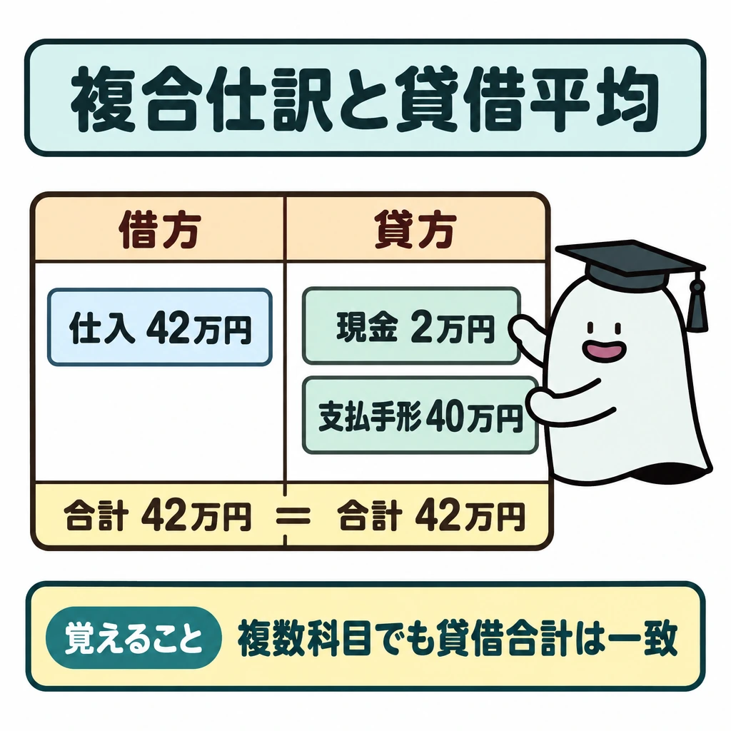 複合仕訳と貸借平均の図解。中央に縦線で区切った仕訳帳を置き、左の借方に「仕入42万円」、右の貸方に「現金2万円」「支払手形40万円」を上下に並べる。左右の下端に合計42万円を記し、等号で一致を示す。