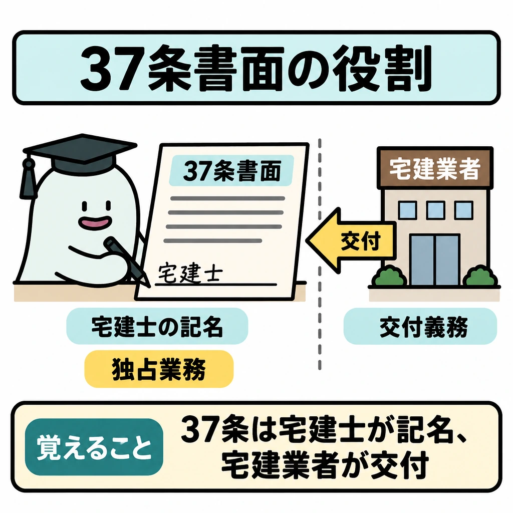 宅建士の独占業務の図解。中央に37条書面を大きく置く。左側ではエルくんが記名し、右側には仕切り線を挟んで「宅建業者」から「交付」へ向かう矢印を置き、記名と交付の担当を分けて示す。