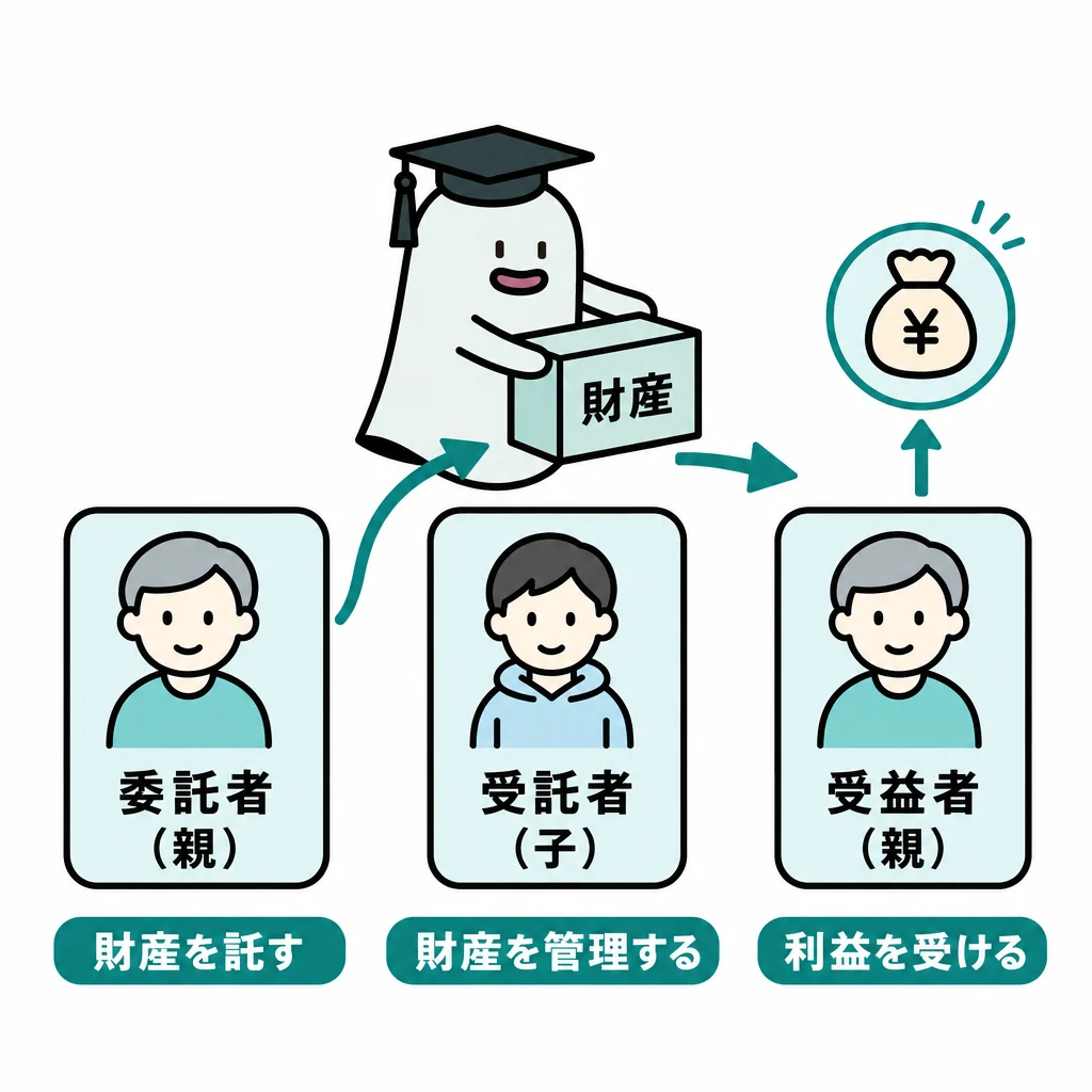 委託者が財産管理を受託者へ託し、利益が受益者へ向かう三つの役割の図