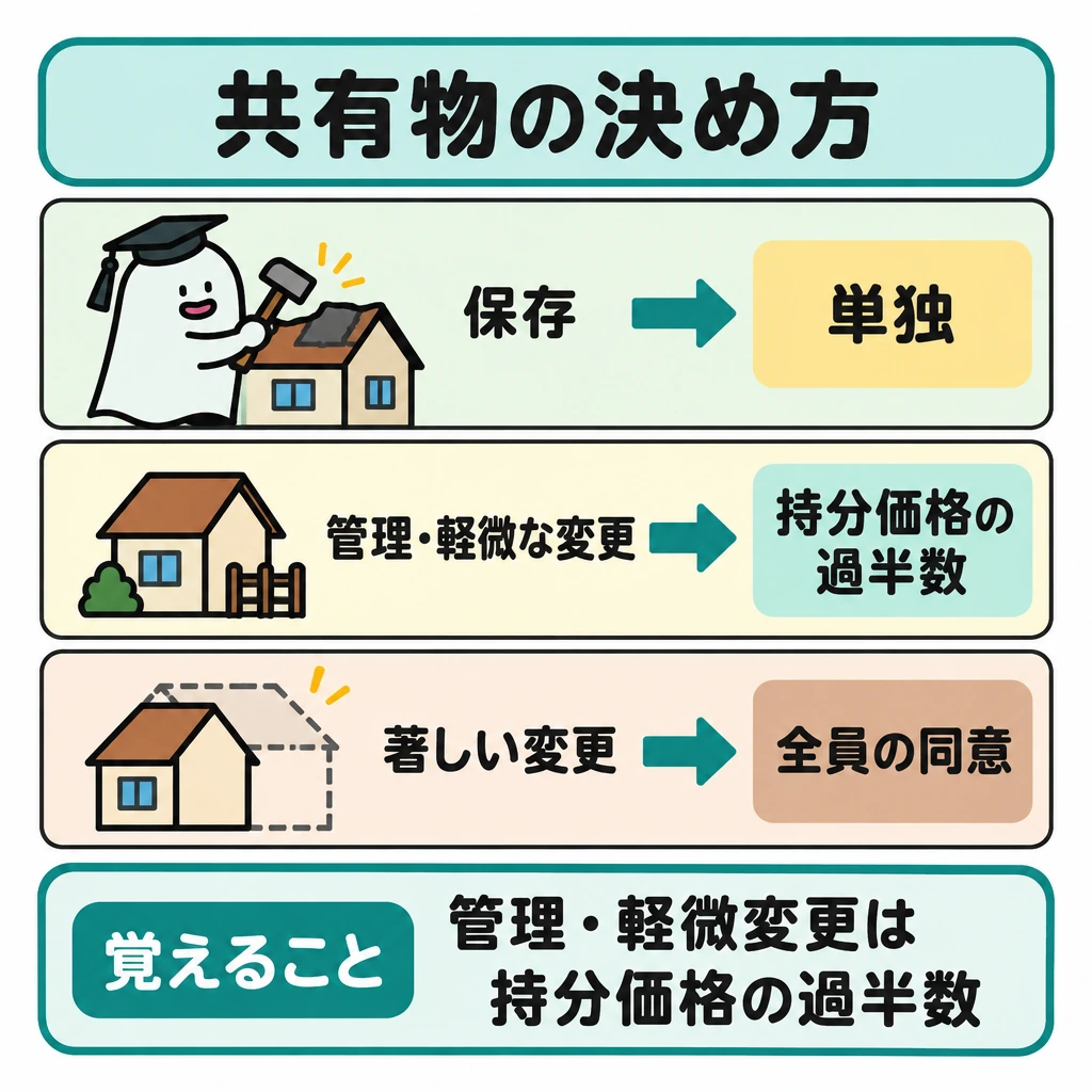 共有物の決め方の図解。中央に共有物への行為を上から「保存」「管理・軽微な変更」「著しい変更」の3段で並べ、各段の右へ矢印を伸ばして決め方を示す。最下段は形状・効用の著しい変更を指し、段ごとに仕切って多数決と全員同意を混同させない。
