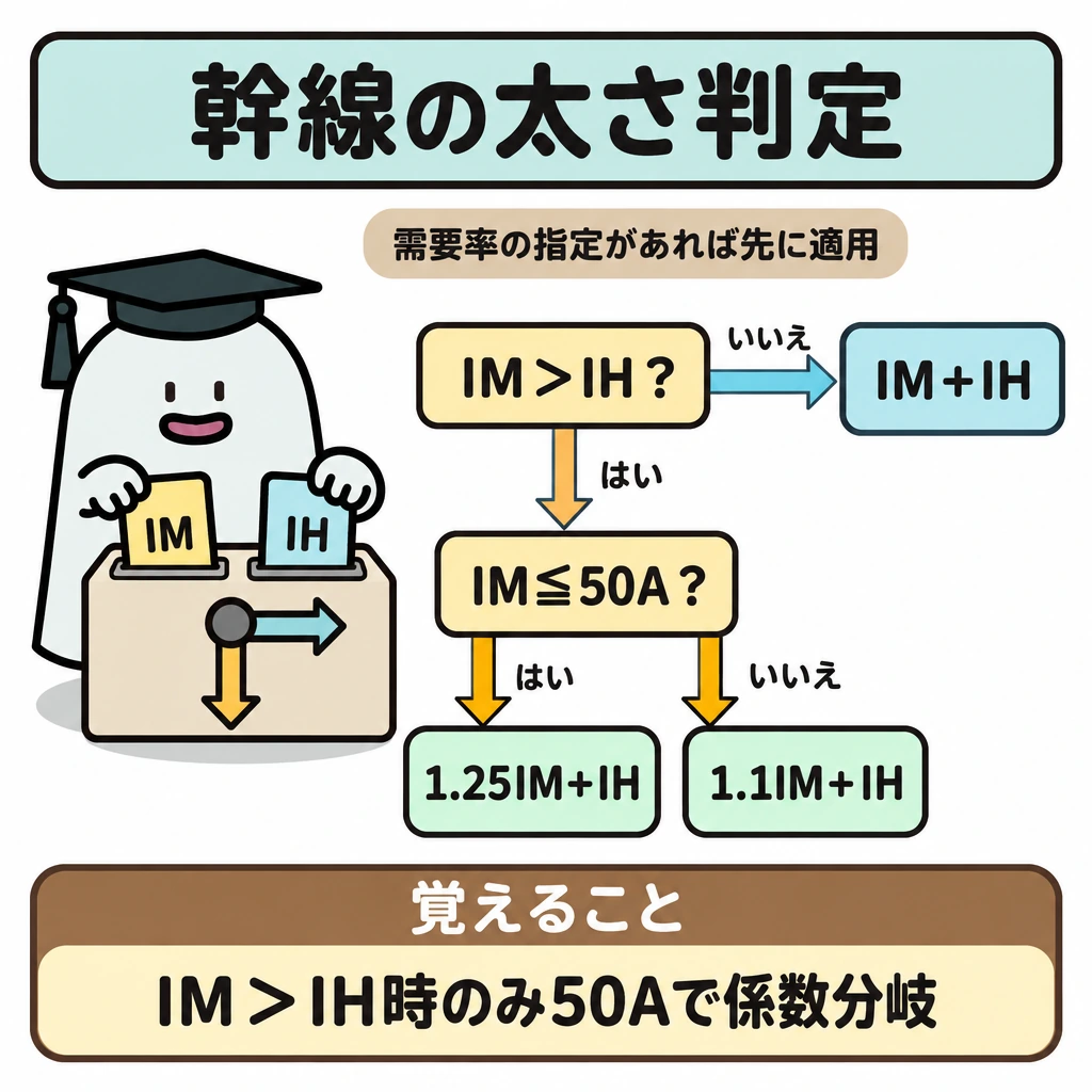幹線の太さと遮断器を分けるの図解。上端に「需要率の指定があれば先に適用」と小さく置き、その下に電線の許容電流を決める分岐図を描く。IM>IHでなければ右へ進みIM+IH以上、IM>IHなら下へ進み、IM≦50Aでは1.25IM+IH以上、IM>50Aでは1.1IM+IH以上とする。