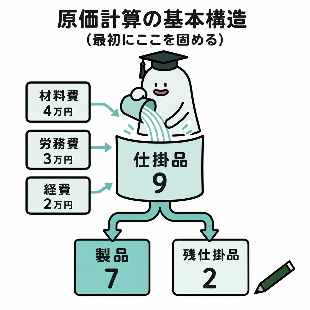 エルくんが説明する図解。材料/労務/経費→仕掛品9→製品7と残仕掛2へ分岐。