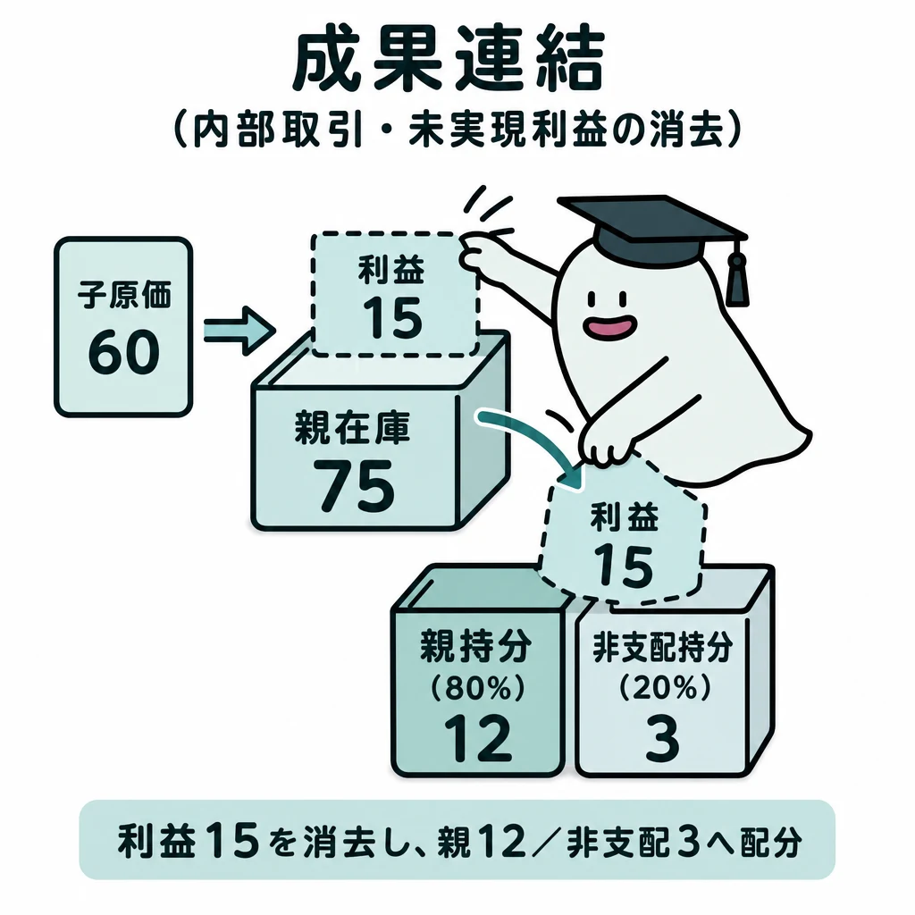 エルくんが説明する図解。子原価60→親在庫75、利益15消去を親12/非支配3へ分割。