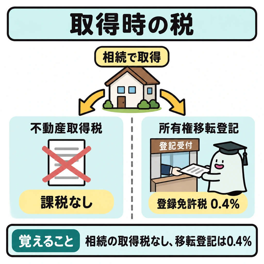 取得時の税の図解。中央の相続した不動産から左右に矢印を分け、左は「不動産取得税→課税なし」、右は「所有権移転登記→登録免許税0.4%」と示す。左右を仕切り、取得と登記で課税が異なることを明確にする。
