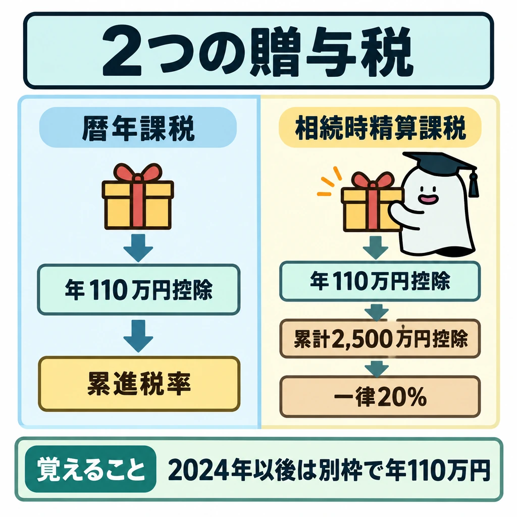 暦年課税と相続時精算課税を比較の図解。正方形を縦線で左右に分け、左に暦年課税、右に相続時精算課税を置く。両側の贈与額からそれぞれ別の「年110万円控除」へ下向き矢印を引き、控除後は左を累進税率へ、右を累計2,500万円の特別控除、さらに超過分の一律20%へつなぐ。