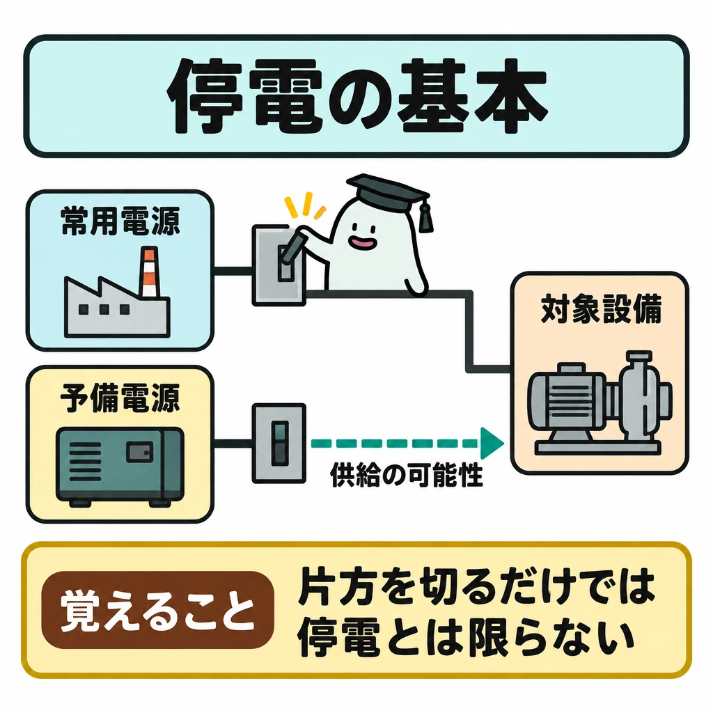 基本の仕組みの図解。左に常用電源(上)と予備電源(下)、右に同じ対象設備を置き、2本の配線を設備へつなぐ。常用側の遮断器だけを開いた状態にし、予備側から設備への点線矢印で供給の可能性を示す。