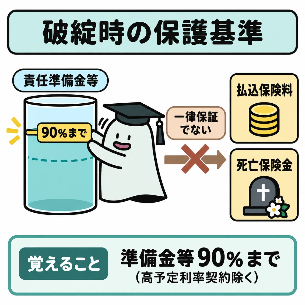 保険料と契約者保護の図解。中央のエルくんを挟み、左に「責任準備金等」の容器と「90%まで」の上限目盛り、右に「払込保険料」「死亡保険金」を縦に配置する。中央から右へ「一律保証でない」と示し、90%の基準を右の二項目に当てはめない構図にする。