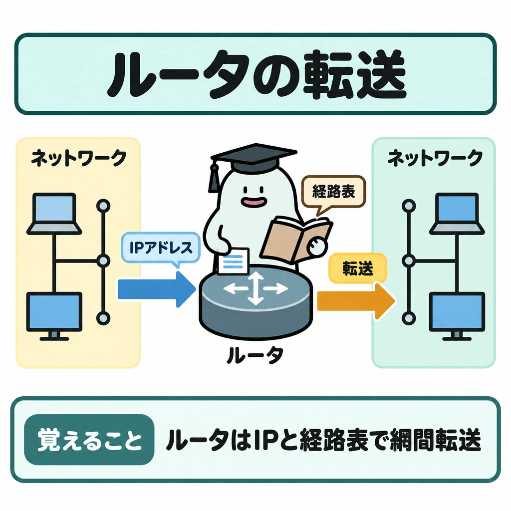 基本の仕組みの図解。左のネットワークと右のネットワークを仕切りで分け、中央にルータを置く。左からルータへ向かう矢印に「IPアドレス」、ルータの脇に「経路表」、ルータから右へ向かう矢印に「転送」を付ける。