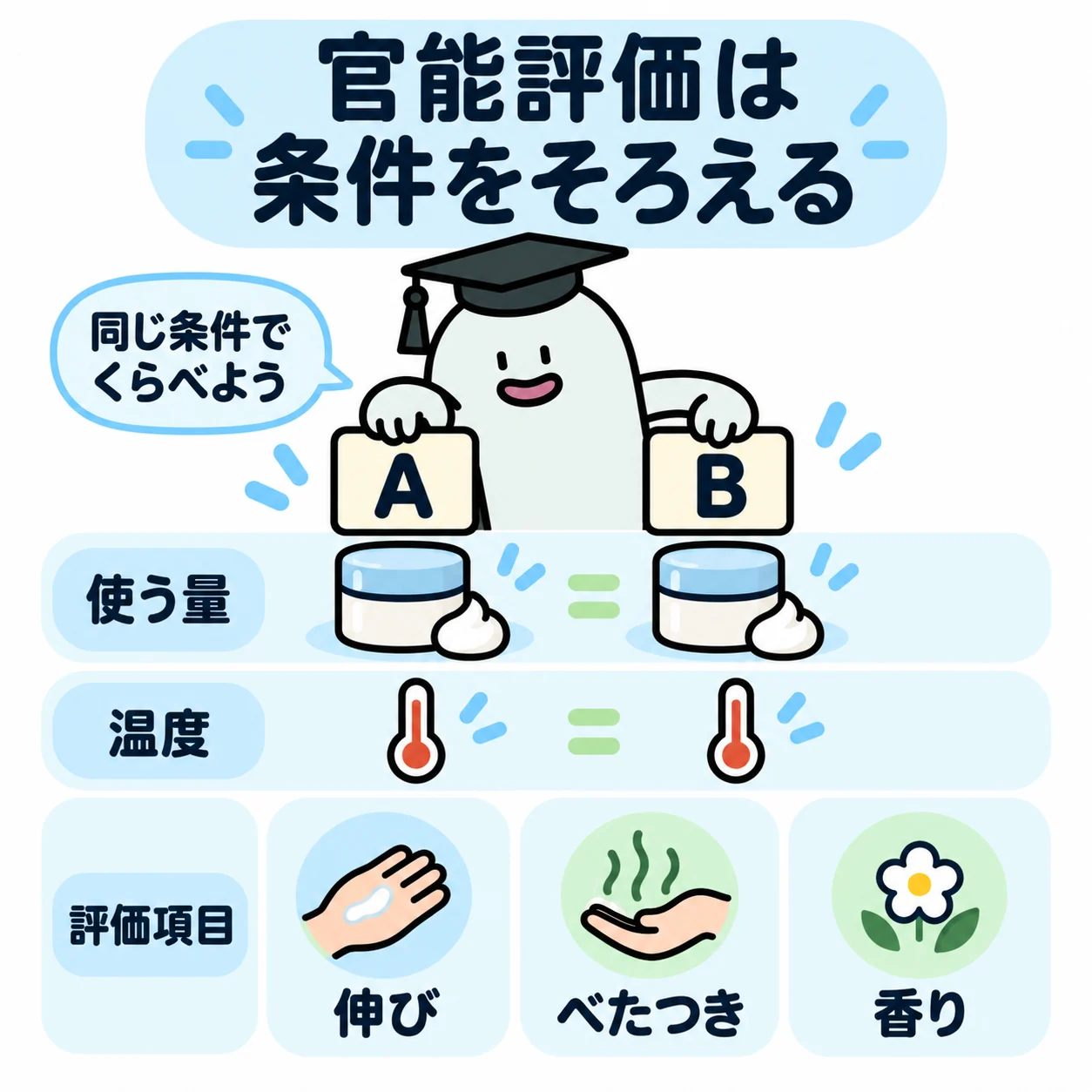 エルくんがA・Bの抽象評価カードの温度・量・評価項目を同じ位置へ揃え、比較の条件を整える図。