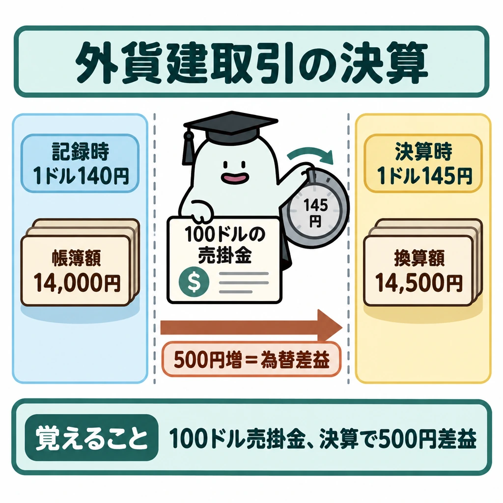 基本の仕組みの図解。中央の「100ドルの売掛金」を共通の対象とし、左に記録時の1ドル140円・帳簿額14,000円、右に決算時の1ドル145円・換算額14,500円を配置する。左右を仕切り、左から右への矢印に「500円増=為替差益」と記す。