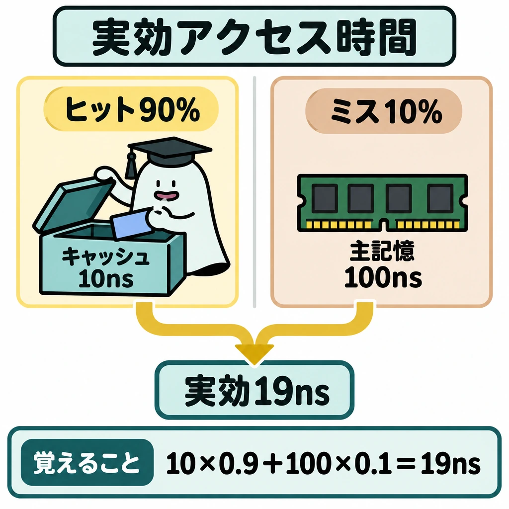 基本の仕組みの図解。中央を縦に仕切り、左に「ヒット90%→キャッシュ10ns」、右に「ミス10%→主記憶100ns」を配置する。両側から下向きの矢印を合流させ、下部に重み付き平均の結果「実効19ns」を置く。