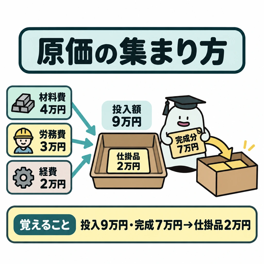 基本の仕組みの図解。左の材料費4万円・労務費3万円・経費2万円から矢印を中央の仕掛品トレーへ向け、投入額9万円を示す。トレーから右の完成分7万円へ矢印を伸ばし、残る仕掛品2万円はトレー内に置く。