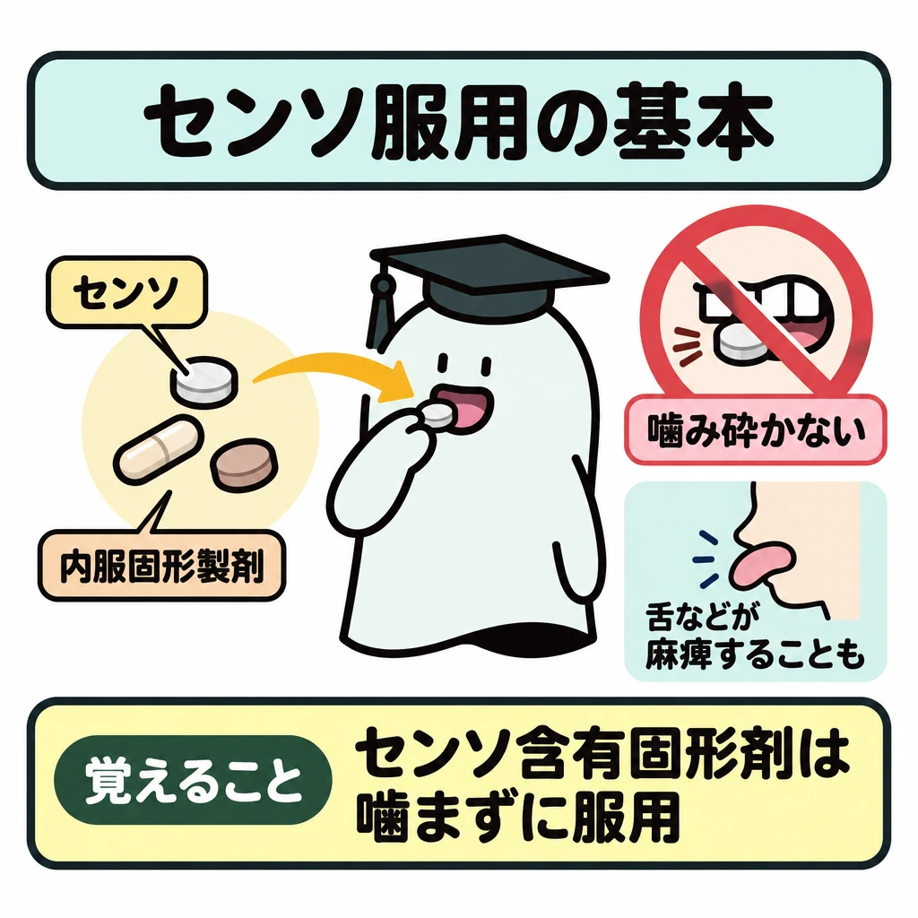 基本の仕組みの図解。中央のエルくんが、左手のセンソを含む内服固形製剤を口へ運ぶ。製剤から口へ向かう矢印を描き、口元の「噛む」動作には禁止マークを重ねる。場面は仕切らず1つにまとめる。