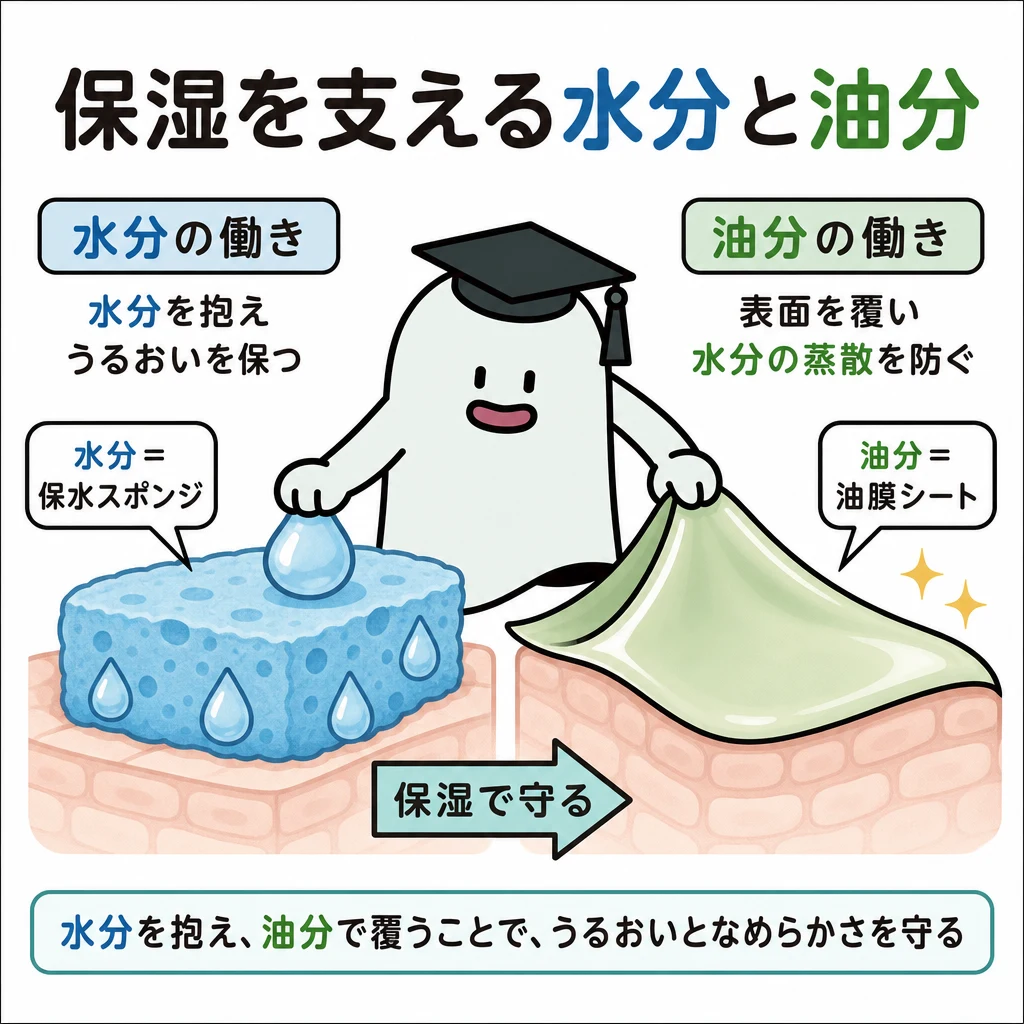 保湿成分が水分を抱える働きと、油分が肌表面を覆う働きを並べて示す図。