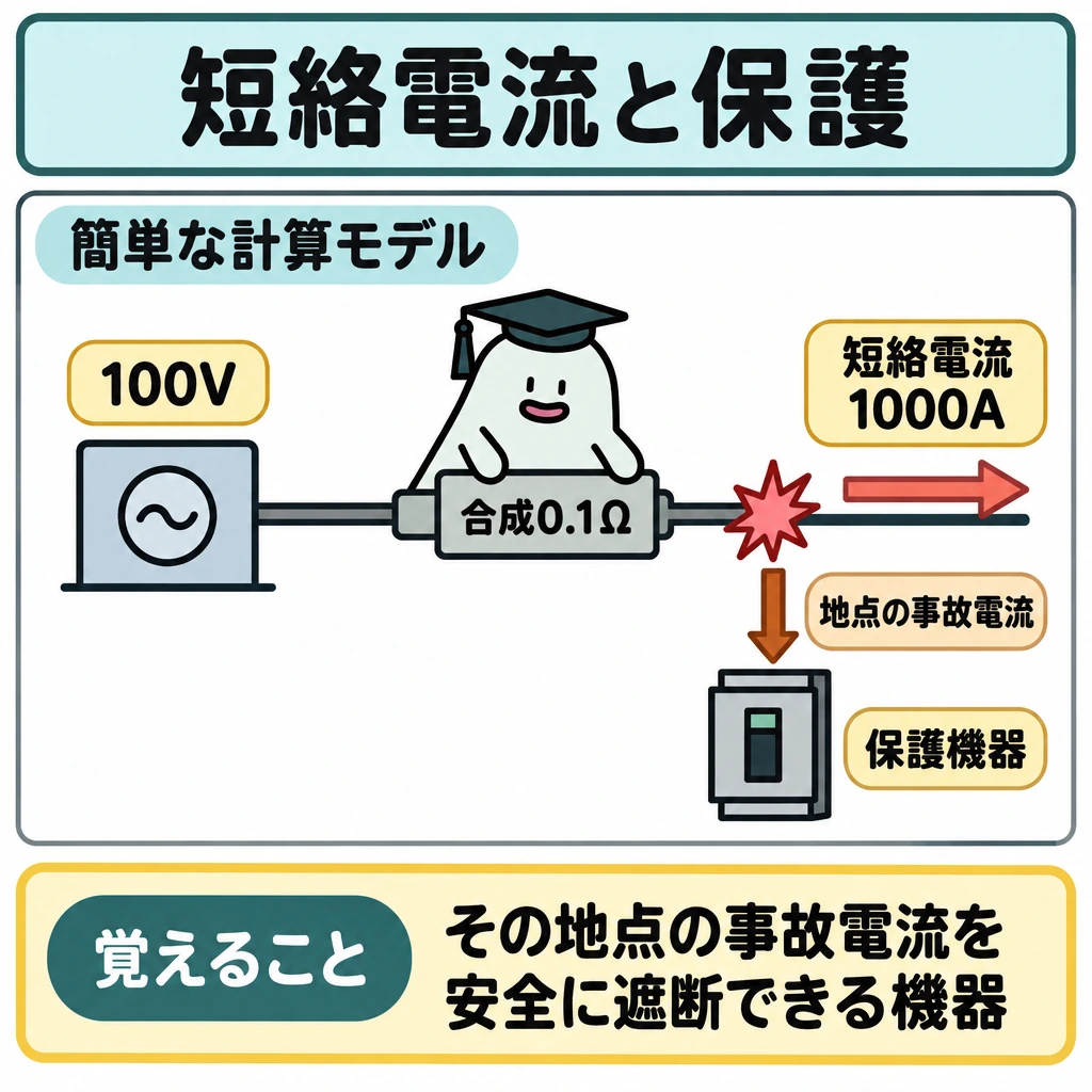 基本の仕組みの図解。中央に、100Vの電源→事故経路の合成インピーダンス0.1Ω→短絡電流1000Aを左から右へ並べ、「簡単な計算モデル」と明示する。短絡点から下向き矢印を伸ばし、細い仕切りの下に、その地点の事故電流を安全に遮断できる保護機器が必要だと示す。