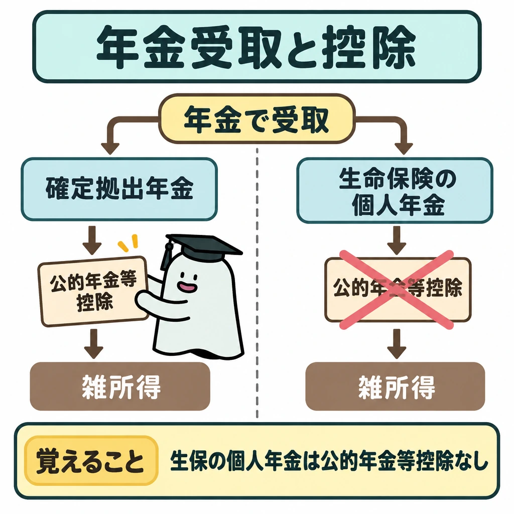 基本の仕組みの図解。上部に「年金で受取」を置き、中央の縦線で左右に分ける。左は確定拠出年金から公的年金等控除を差し引いて雑所得へ進む矢印、右は生命保険の個人年金から雑所得へ進む矢印を描き、右側の控除カードには斜線を重ねて使えないことを示す。