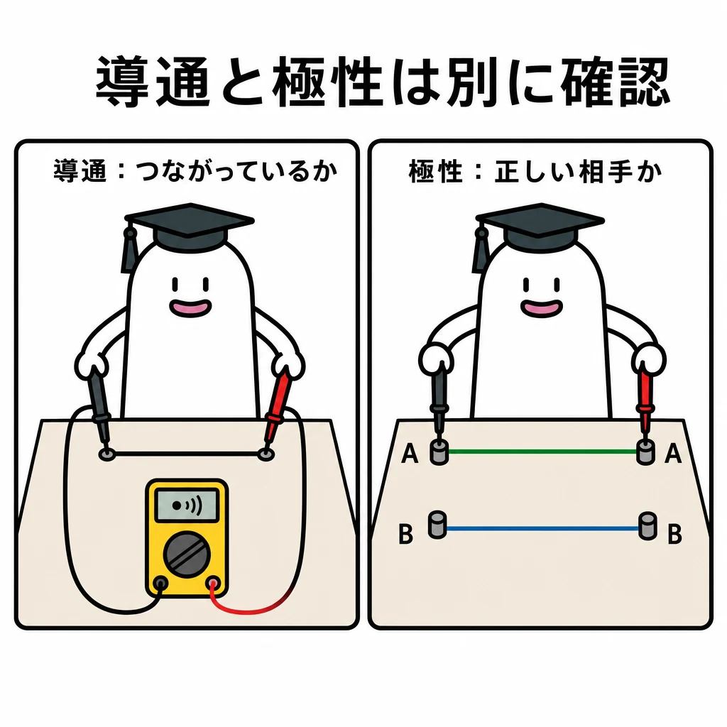 線の両端へプローブを当てる導通確認と、A同士・B同士の接続先を照合する極性確認を並べた図。