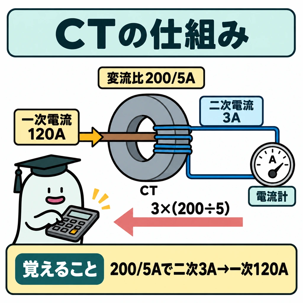 基本の仕組みの図解。中央にCT、左に一次側の120A、右に電流計につながる二次側の3Aを配置する。二次側から一次側へ向かう換算矢印に「3×(200÷5)」を添え、二次回路は途切れない閉じた線で描く。