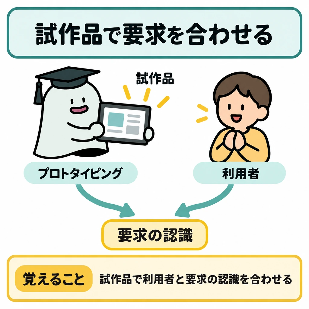 開発モデルの使い分けの図解。左のエルくんが中央の試作品を右の利用者に見せる構図。試作品と利用者の下に「要求の認識」を置き、両者からそこへ向かう矢印を合流させて、認識を合わせる流れを示す。