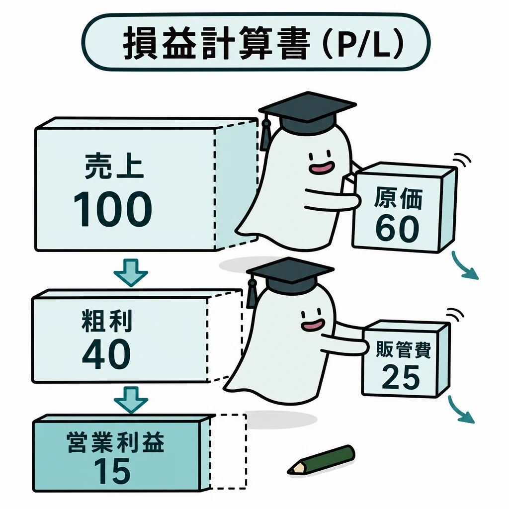 エルくんが説明する図解。売上100→原価60差引→粗利40→販管費25差引→営業利益15。